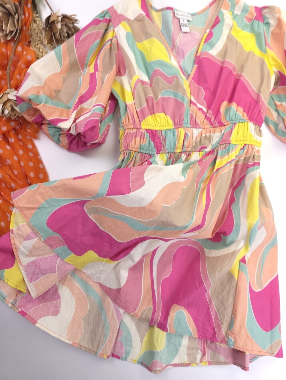 Sincerely Jules Colorful Swirl V-Neck Puff Sleeve Dress S - Picture 9 of 14